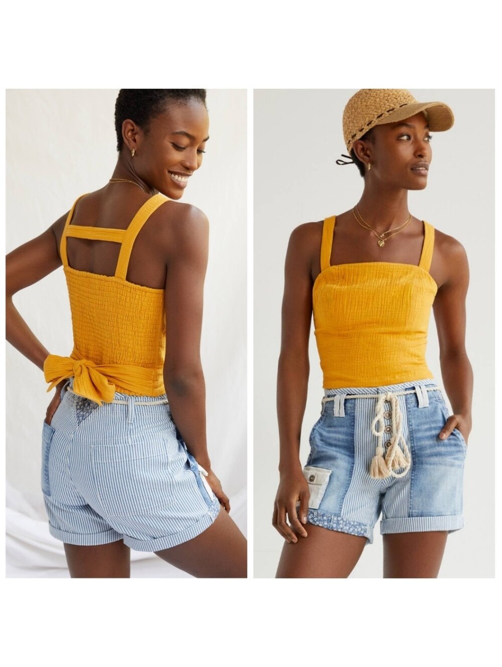 Anthropologie Boho Mustard Yellow Festival Crop Smock Cotton Gauze Tank Top L